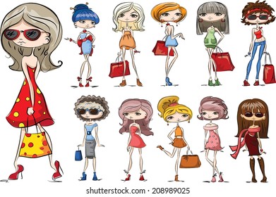 Cartoon fashionable girls