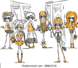 Cartoon fashionable girls