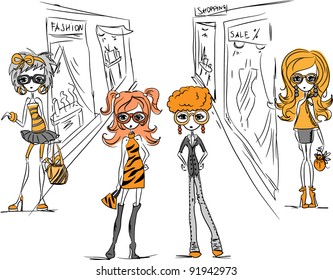 Cartoon fashionable girls