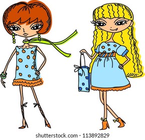 Cartoon fashionable girls, vector