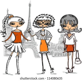 Cartoon fashionable girls, vector background