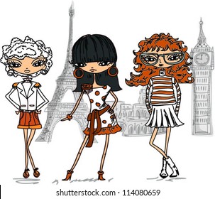 Cartoon fashionable girls, vector background