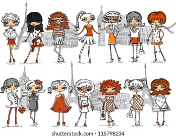 Cartoon fashionable girls, vector background