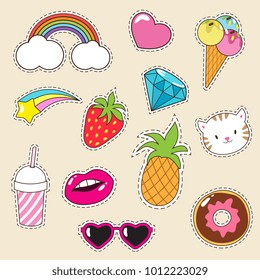 Cartoon fashionable vector girl patches collection. Ice cream, cupcake, pineapple and pussy cat icons. Sticker patch cartoon, fashion badge fruit and diamond illustration