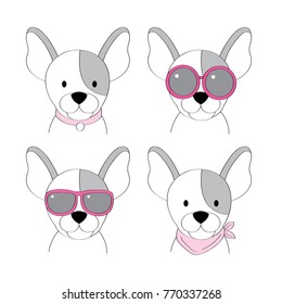 Cartoon fashions French Bulldog vector set.