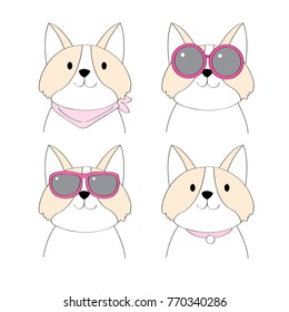 Cartoon fashions Shiba Inu dog vector set.