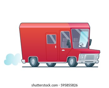 Icono rojo de la furgoneta de la entrega rápida de la historieta aislado en el fondo blanco. Ilustración vectorial. Diseño plano.