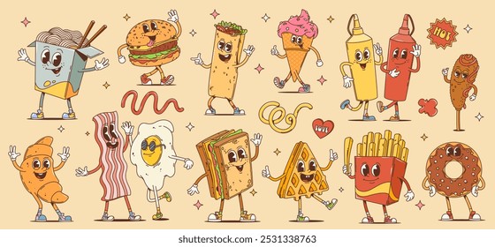 Cartoon fast food and breakfast with desserts retro groovy characters. Cute burger, sandwich and french fries vector personages. Hippie hamburger, ice cream, corn dog, donut, bacon, egg and croissant