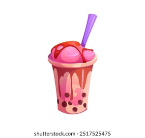 Cartoon fast food bubble tea topped with vibrant pink ice cream scoops and a straw. Isolated vector sweet refreshing treat, delectable drink or beverage features tapioca boba pearls and creamy texture