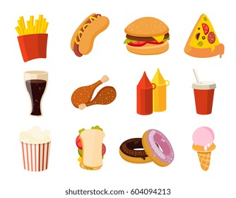 Cartoon fast food, burger, drink, chicken tacos, salad, hotdog vector set