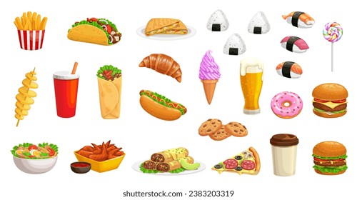 Caricatura con hamburguesa de comida rápida, bebidas y pizza, hamburguesas y sándwiches, iconos vectoriales. Comida chatarra o comida rápida pollo y palomitas de maíz, refresco o café, burrito y sushi con helado para menú de comida rápida