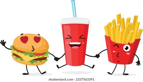 Cartoon Fast food, burger, frenchfries and soda cup , set of Cute characters, Isolated on white background