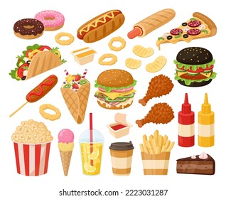 Cartoon fast food, burger, pizza, hot dog and lemonade. Junk food, chocolate milkshake, sweets and soda pop drinks flat vector illustration set. Takeaway fast snacks and drinks