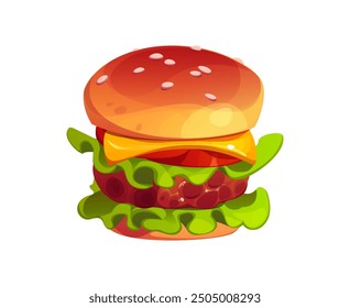 Cartoon fast food burger with sesame seed bun, crisp lettuce, melted cheese and thick juicy beef patty perfectly layered with fresh tomato and onion slices. Isolated vector delicious cheeseburger meal