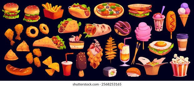 Cartoon fast food burgers, sandwiches or snacks and meals, vector icons. Cartoon fast food cheeseburger with popcorn and sushi, burrito with taco and grill chicken nuggets or pizza and milkshake drink