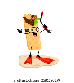 Cartoon fast food burrito character with scuba mask and fins. Street restaurant meal cute personage, Mexican takeaway fast food cafe burrito isolated vector menu funny mascot diving on summer vacation