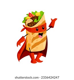 Cartoon fast food burrito superhero character. Street food restaurant meal warrior cheerful character, Mexican burrito superhero adorable isolated vector personage or funny mascot in red mask and cape