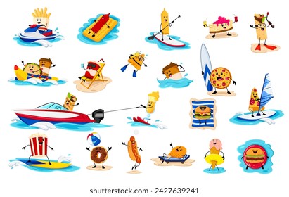 Cartoon fast food character on summer vacation. Vector french fries, ketchup, mustard, pie and burrito. Taco, coffee and soda drink, nachos, pizza, cocktail with ice cream, burger or pop corn on beach