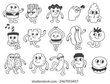 Cartoon Fast Food Characters Collection Doodle Line Art