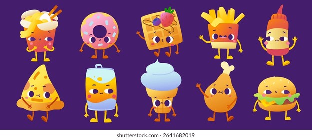 Cartoon fast food characters. Cute street food collection. Fastfood mascot bundle.