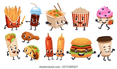 Cartoon fast food characters. Funny junk meal, cute French fries, muffin, hamburger with smiling faces, kebab hands and feet, cafe menu decorative, isolated emoji stickers, tidy vector set