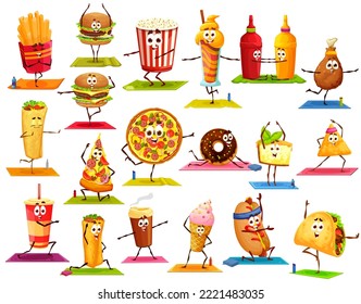 Cartoon fast food characters on yoga fitness sport. Vector french fries, burger, pop corn, cocktail and burrito, pizza, donut, cake and ice cream, tacos, coffee or soda drink, nachos or hot dog