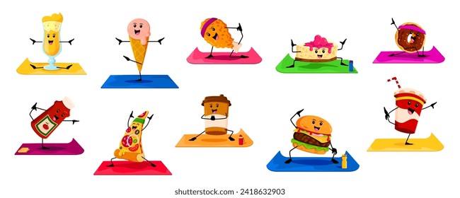 Cartoon Fastfood Charaktere auf Yoga Fitness Sport. Vektor Eis, Hühnertrommeln, Cocktail, Käsekuchen und Donut. Ketchup-Flasche, Pizzassel, Kaffeetasse und Burger mit Persönlichkeiten aus Cola-Drinks