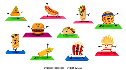 Cartoon fast food characters on yoga fitness sport. Street restaurant meals childish personage, takeaway cafe nacho, hotdog, burrito and pizza, hamburger, taco isolated vector funny mascot on yoga mat