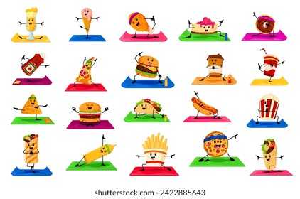 Cartoon fast food characters on yoga fitness sport. Vector cocktail, ice cream, chicken drumstick and cheesecake. Donut, ketchup or mustard bottles, pizza, burger, cola and coffee cups, hot dog, taco