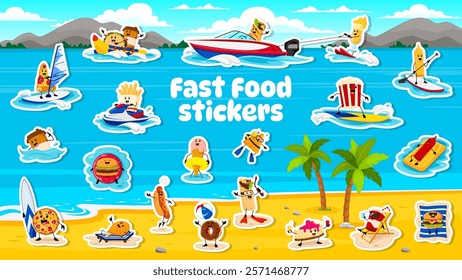 Cartoon fast food characters on summer beach, stickers pack. Vector personages engaging in fun water activities, such as surfing, paddleboarding, lounging, water skiing, and sunbathing under palm tree