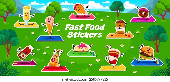 Cartoon fast food characters on yoga or fitness sport, vector stickers pack. Funny pizza with cheeseburger and cake, coffee cup and chicken leg with ketchup and donut on yoga fitness or sport workout