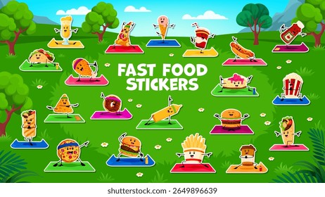 Cartoon fast food personagens em ioga fitness, adesivos pack. Taco, pizza, sorvete e refrigerante, cachorro-quente, ketchup, bolo, pipoca e nacho fast food vetor personagens engraçados fazendo adesivos de exercícios de ioga
