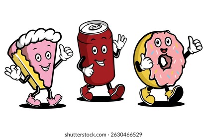 Cartoon Fast Food Characters Set, Pie, Soda, Donut Mascot Vector Illustration