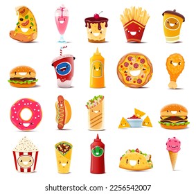 Cartoon fast food characters. Vector pizza and ice cream, french fries and coffee cup, burger, cola, mustard, chicken drumstick or donut. Hot dog and roll, nachos and shawarma, tacos and ketchup