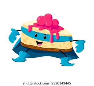 Cartoon fast food cheerful cake superhero character. Sweet dessert comical mascot, cafe or restaurant cheesecake defender or cake hero childish isolated vector personage or funny character