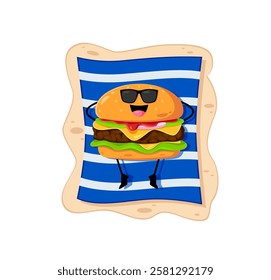 Cartoon fast food cheeseburger character sunbathing on the beach. Fast food menu hamburger cheerful personage, takeaway cafe meal or junk restaurant burger comical vector character on summer vacation