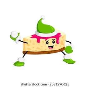 Cartoon fast food cheesecake Christmas character playing snowballs. Christmas or happy New Year holiday celebration, winter holidays vector funny personage of sweet dessert, cheesecake in elf hat