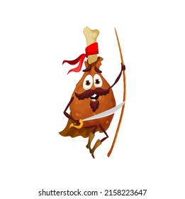 Cartoon fast food chicken leg pirate character, vector funny filibuster. Chicken leg as Caribbean pirate captain or marine buccaneer with sword epee on ship board, kids cartoon sailor bandit
