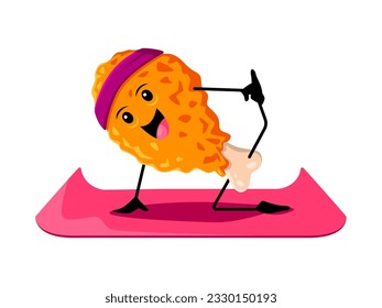 Cartoon fast food chicken nugget character on yoga fitness sport. Junk food restaurant dish comical personage, takeaway cafe meal or fast food chicken nugget isolated vector cute mascot doing fitness