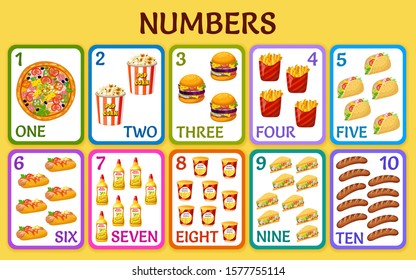 Cartoon fast food. Children cards numbers for kids. Learning to count. Isolated vector illustration.