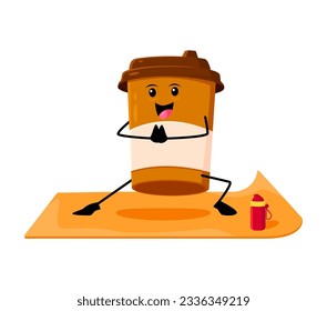 Cartoon fast food coffee character on yoga fitness sport. Fast food menu hot drink funny personage, takeaway restaurant or street cafe coffee cup isolated vector cheerful mascot doing fitness on mat