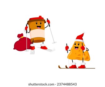 Cartoon fast food coffee and nachos chip Christmas characters. Isolated vector disposable cup with Santa bag, and tex mex snack wearing hat riding skis bringing holiday cheer and tasty treats to table