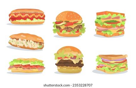 Caricatura Reunión de comida rápida. Hamburguesa, Perro caliente, Sandwich y Club sándwich ilustración vectorial.  