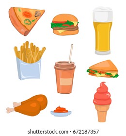 Cartoon fast food colorful illustrations set. Beer, coffee, burger, pizza, chicken legs, french fries and sandwich. 
