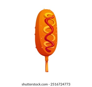 Perro de maíz de comida rápida de dibujos animados con una capa crujiente de color marrón dorado crujiente, rociado con ketchup y mostaza. El Vector aislado de la comida justa clásica del corndog, plato para llevar, comida chatarra de la calle se sirve en palillo