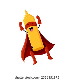 Cartoon fast food cute mustard superhero character. Street food restaurant sauce flying superhero adorable mascot, mustard bottle defender isolated vector comical character or childish personage