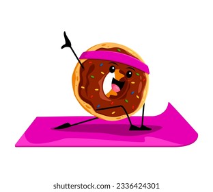 Cartoon fast food donut character on yoga fitness sport. Junk food dessert childish mascot, takeaway restaurant or cafe sweet pastry or donut snack isolated vector cheerful personage doing yoga