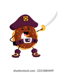 Cartoon fast food donut pirate and corsair character. Fast food cafe sweet pastry privateer cheerful personage, street restaurant dessert, donut filibuster isolated vector cute mascot with cutlass