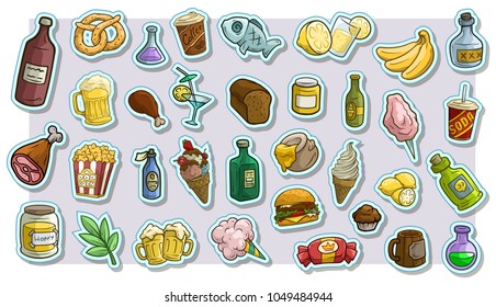 Cartoon fast food and drinks stickers. Pop art. Burger and soda. Beer and coffee. Ice cream and popcorn. Honey and cake. Bread and croissant. Fish and meat Vector icons big set.