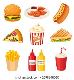 Cartoon fast food elements. Junk snack, foods in cafe icons. Hot dog, sweet drink, pizza slice and sauces. Isolated burger restaurant, meal garish vector clipart